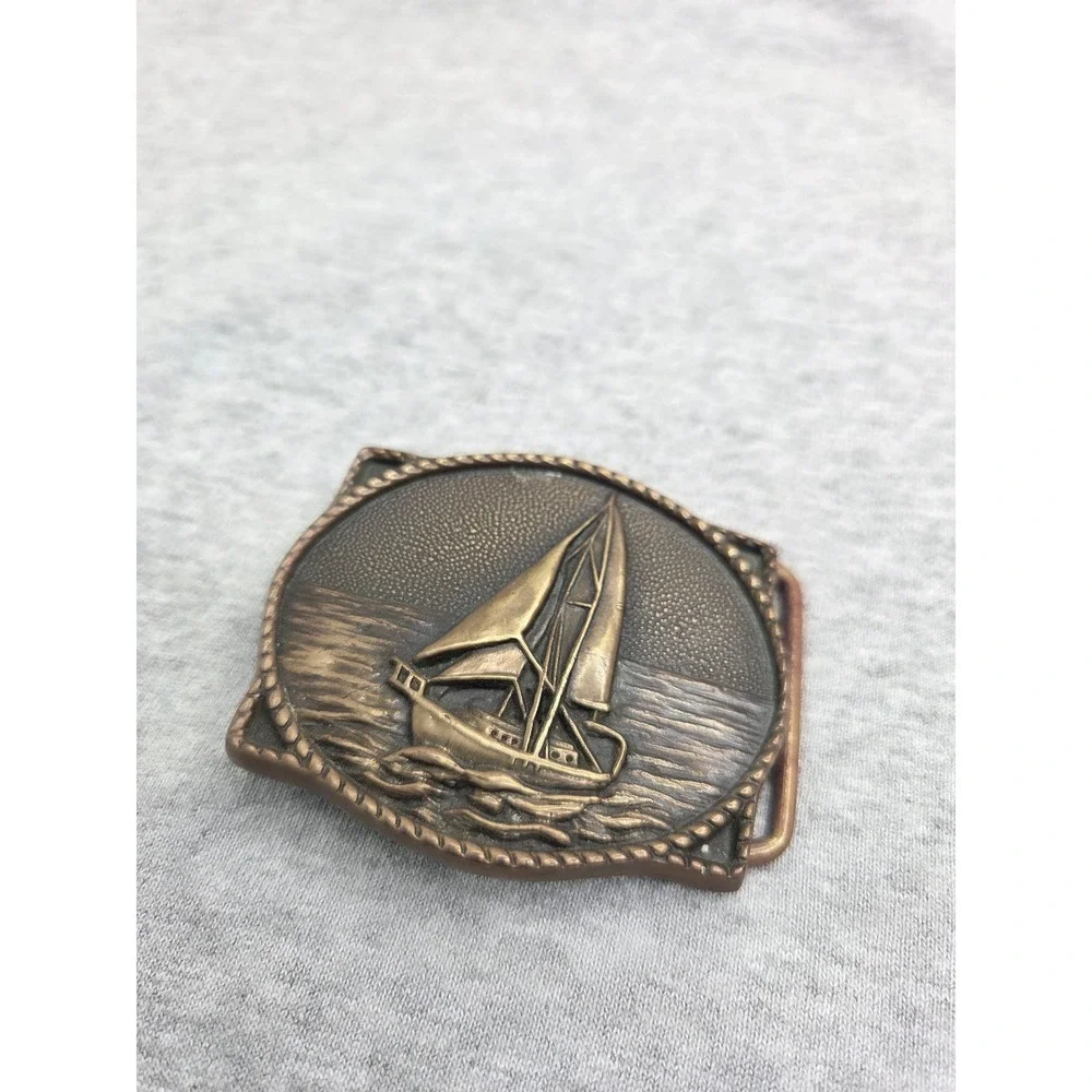 Vintage Solid Brass Sail Boat Ocean Breeze Nautical Belt Buckle BTS Made USA